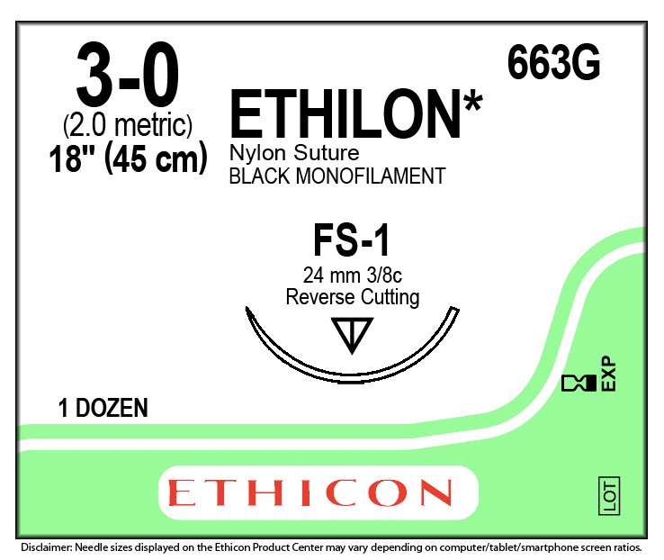 Ethicon (663G) Sutures Nylon Ethilon Blk  3/0 24mm 3/8 R/C FS-1 45cm