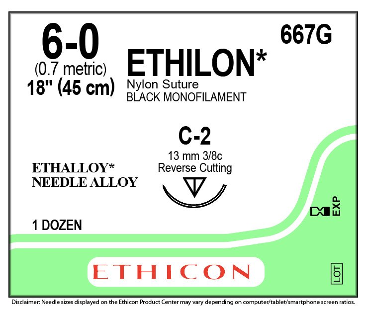 Ethicon (667G) Sutures Nylon Ethilon Blk  6/0 13mm 3/8 R/C C-2 45cm