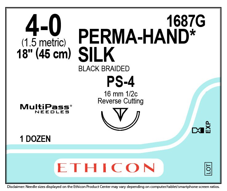 Ethicon (1687G) Sutures Silk Blk  4/0 16mm 1/2 R/C PS-4 45cm