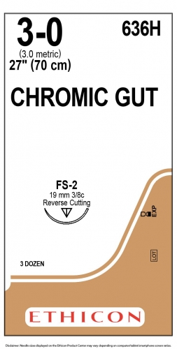 Ethicon (636H) Sutures Gut Chromic  3/0 19mm 3/8 R/C FS-2 70cm