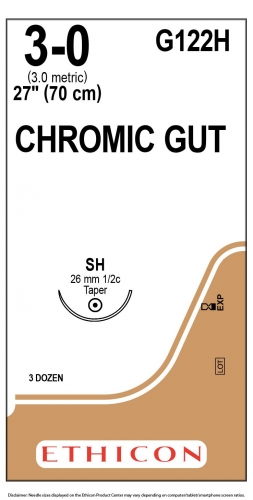 Ethicon (G122H) Sutures Gut Chromic  3/0 26mm 1/2 T/P SH 70cm