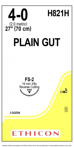 Ethicon (H821H) Sutures Gut Plain  4/0 19mm 3/8 R/C FS-2 70cm