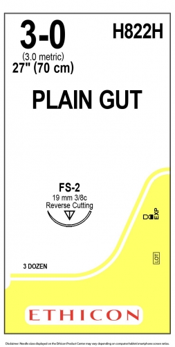 Ethicon (H822H) Sutures Gut Plain  3/0 19mm 3/8 R/C FS-2 70cm