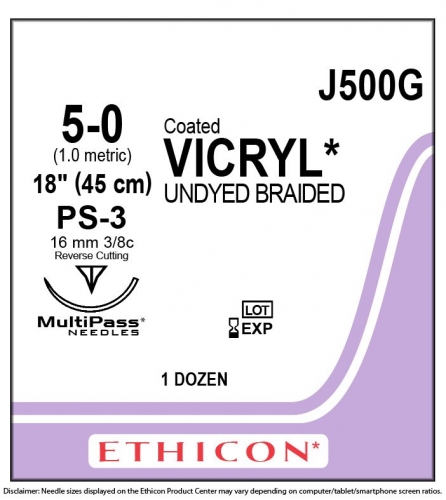 Ethicon (J500G) Sutures Vicryl Und 5-0 16mm 3/8 R/C PS-3 45cm