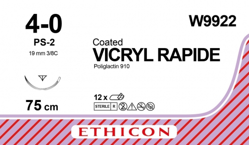 Ethicon (W9922) Sutures Vicryl Rapide Und 4-0 19mm 3/8 R/C PS-2 75cm
