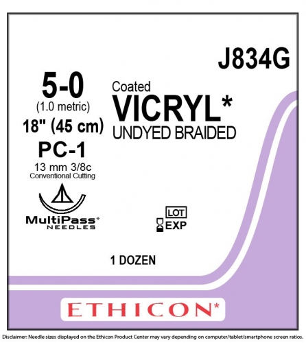 Ethicon (J834G) Sutures Coated Vicryl 5/0 13mm 3/8 R/C PC-1 45cm