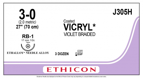 Ethicon (J305H) Sutures Vicryl 3/0 17mm 1/2 RB-1 70cm
