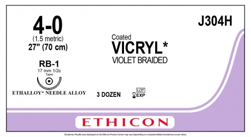 Ethicon (J304H) Sutures Vicryl 4/0 17mm 1/2 RB-1 70cm