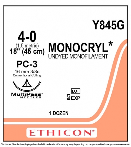Ethicon (Y845G) Sutures Monocryl 4/0 16mm 3/8 C/C PC-3 45cm