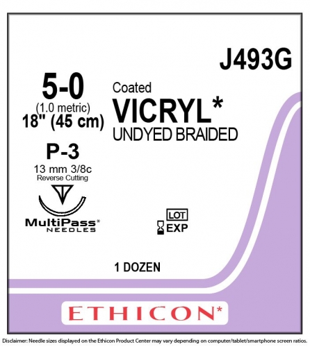 Ethicon (J493G) Sutures Coated Vicryl Plus 5/0 13mm 3/8 R/C P-3 45cm