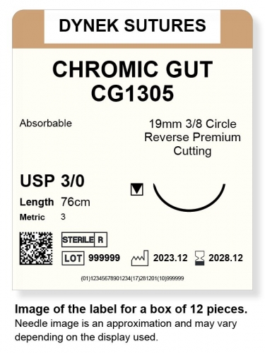 Dynek Suture Chromic Gut 3-0 76cm 19mm 3/8 Circle R/C-P (CG1305)