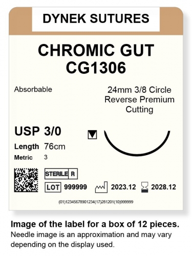 Dynek Sutures Chromic Gut 3-0 76cm 24mm 3/8 Circle R/C-P (CG1306)