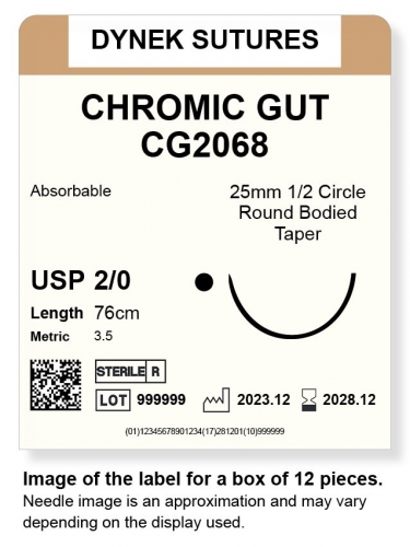Dynek Suture Chromic Gut 2-0 76cm 25mm 1/2 Circle T/C (CG2068)