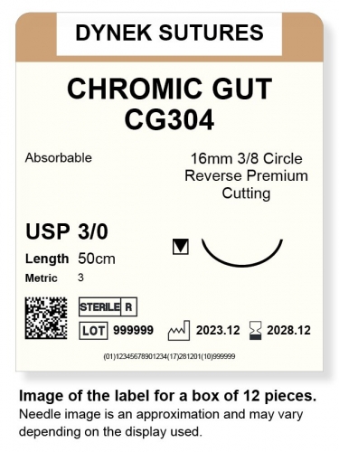Dynek Suture Chromic Gut 3-0 50cm 16mm 3/8 Circle R/C-P (CG304)