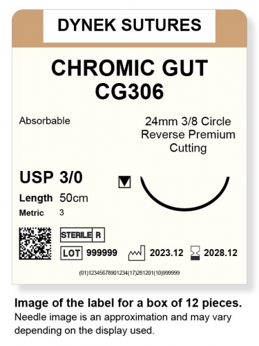 Dynek Suture Chromic Gut 3-0 50cm 24mm 3/8 Circle R/C-P (CG306)