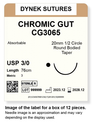 Dynek Suture Chromic Gut 3-0 76cm 20mm 1/2 Circle T/C (CG3065)