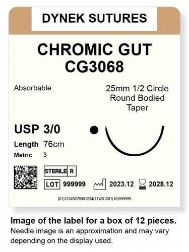 Dynek Sutures Chromic Gut 3-0 76cm 25mm 1/2 Circle T/C (CG3068)