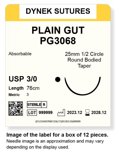 Dynek Sutures Plain Gut 3-0 76cm 25mm 1/2 Circle T/C (PG3068)