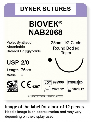 Dynek Suture Biovek (Violet) 2-0 76cm 25mm 1/2 Circle T/C (NAB2068)