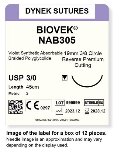 Dynek Suture Biovek (Violet) 3-0 45cm 19mm 3/8 Circle R/C-P (NAB305)