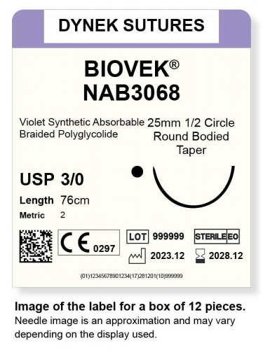 Dynek Suture Biovek (Violet) 3-0 76cm 25mm 1/2 Circle T/C (NAB3068)