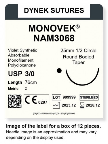 Dynek Suture Monovek (Violet) 3-0 76cm 25mm 1/2 Circle T/C (NAM3068)