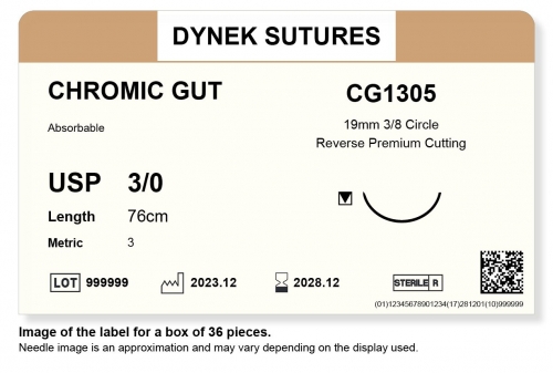 Dynek Sutures Chromic Gut 3-0 76cm 19mm 3/8 Circle R/C-P (CG1305) - BX36