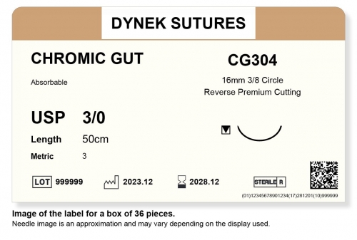 Dynek Sutures Chromic Gut 3-0 50cm 16mm 3/8 Circle R/C-P (CG304) - BX36