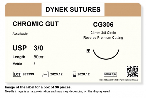Dynek Sutures Chromic Gut 3-0 50cm 24mm 3/8 Circle R/C-P (CG306) - BX36