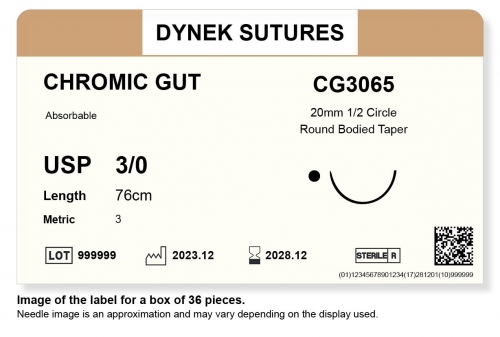 Dynek Sutures Chromic Gut 3-0 76cm 20mm 1/2 Circle T/P (CG3065) - BX36
