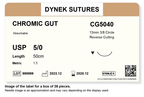 Dynek Sutures Chromic Gut 5-0 50cm 13mm 3/8 Circle R/C (CG5040) - BX36