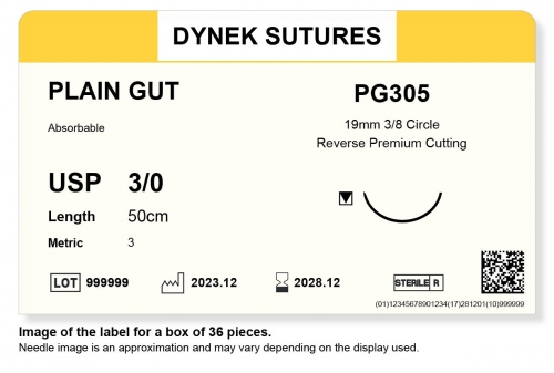 Dynek Sutures Plain Gut 3-0 50cm 19mm 3/8 Circle R/C-P (PG305) - BX36
