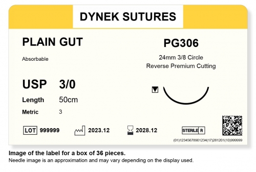 Dynek Sutures Plain Gut 3-0 50cm 24mm 3/8 Circle R/C-P (PG306) - BX36