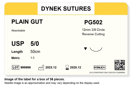 Dynek Sutures Plain Gut 5-0 50cm 12mm 3/8 Circle R/C (PG502) - BX36