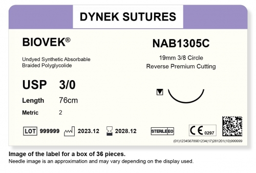 Dynek Sutures Biovek (Undyed) 3-0 76cm 19mm 3/8 Circle R/C-P (NAB1305C) - BX36