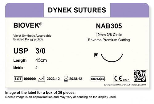 Dynek Sutures Biovek (Violet) 3-0 45cm 19mm 3/8 Circle R/C-P (NAB305) - BX36