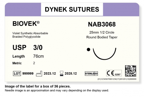 Dynek Sutures Biovek (Violet) 3-0 76cm 25mm 1/2 Circle T/P (NAB3068) - BX36