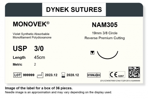 Dynek Sutures Monovek (Violet) 3-0 76cm 25mm 1/2 Circle T/P (NAM3068) - BX36