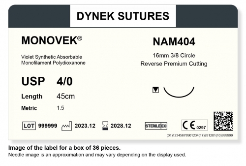 Dynek Sutures Monovek (Violet) 4-0 45cm 16mm 3/8 Circle R/C-P (NAM404) - BX36