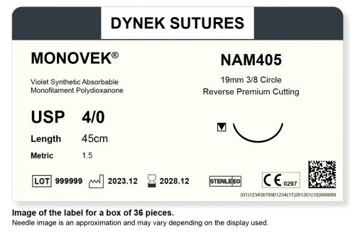 Dynek Sutures Monovek (Violet) 4-0 45cm 19mm 3/8 Circle R/C-P (NAM405) - BX36
