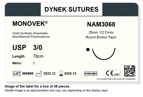 Dynek Sutures Monovek (Violet) 4-0 76cm 18mm 1/2 Circle T/P (NAM4064) - BX36